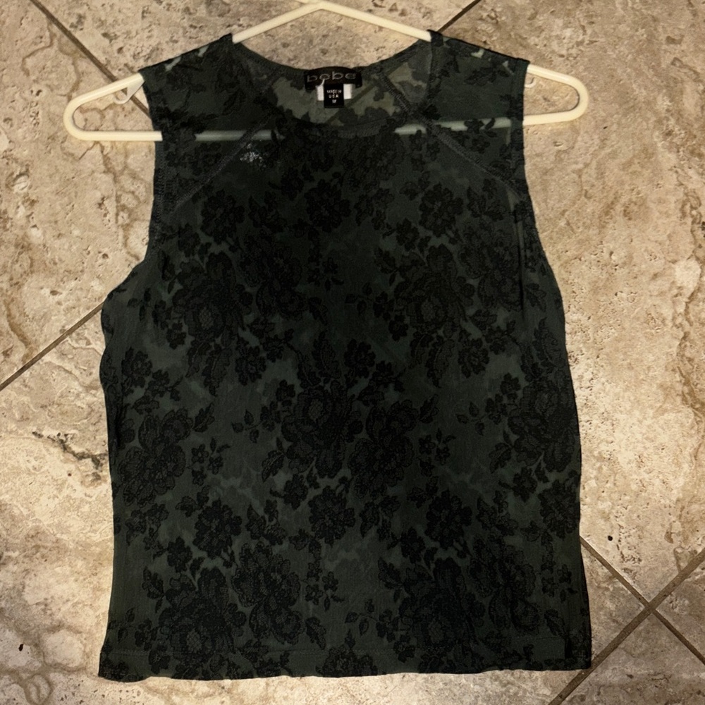 Bebe Dark Green Floral Lace Blouse